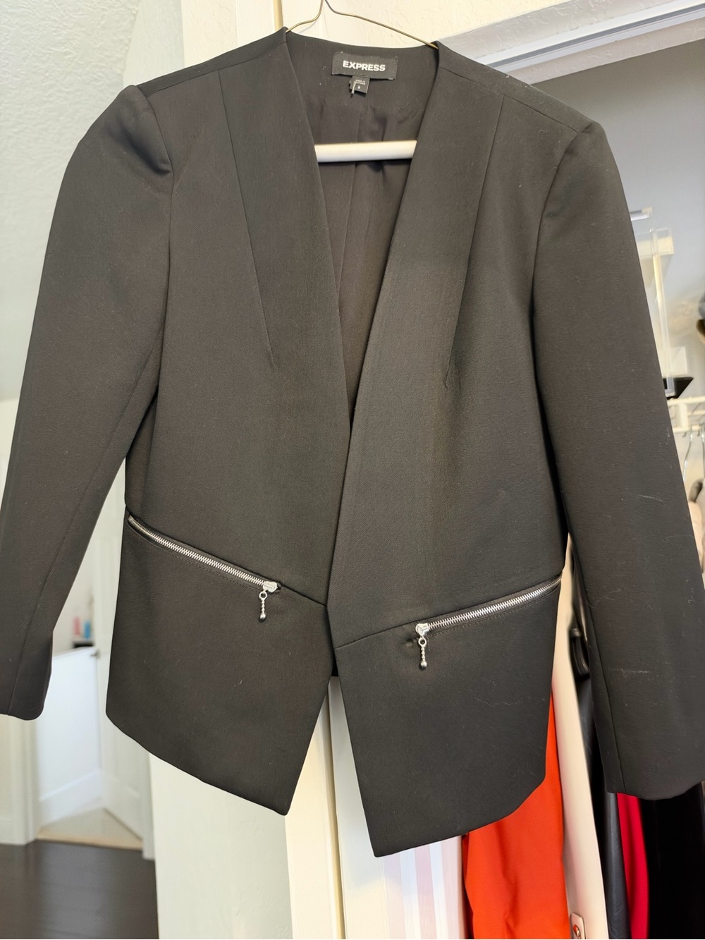 Express Black Open-Front Blazer with Zipper Pockets